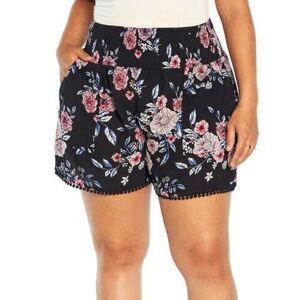 NWT Three Dots‎ Floral Printed Shorts Pull On Black Size Small
